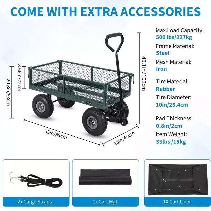 Carro de jardín de acero resistente, 226 kg, carro utilitario plegable con laterales de malla y revestimiento extraíbles, neumáticos de 10 pulgadas, asa de arrastre