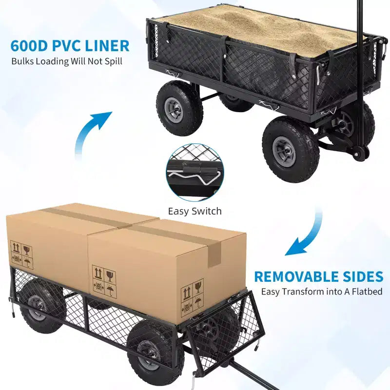 Carro de jardín de acero resistente, 226 kg, carro utilitario plegable con laterales de malla y revestimiento extraíbles, neumáticos de 10 pulgadas, asa de arrastre