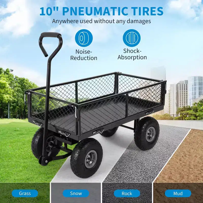 Carro de jardín de acero resistente, 226 kg, carro utilitario plegable con laterales de malla y revestimiento extraíbles, neumáticos de 10 pulgadas, asa de arrastre