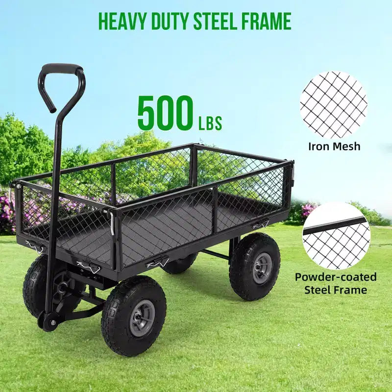 Carro de jardín de acero resistente, 226 kg, carro utilitario plegable con laterales de malla y revestimiento extraíbles, neumáticos de 10 pulgadas, asa de arrastre