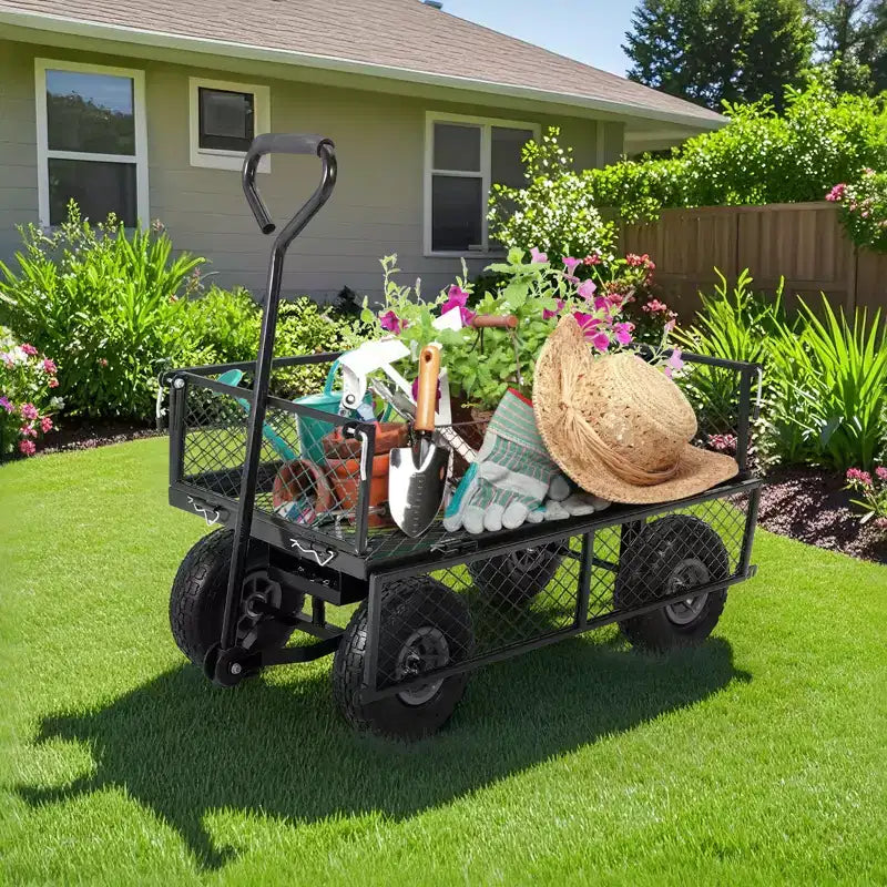 Carro de jardín de acero resistente, 226 kg, carro utilitario plegable con laterales de malla y revestimiento extraíbles, neumáticos de 10 pulgadas, asa de arrastre