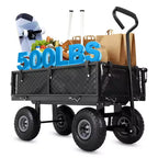 Carro de jardín de acero resistente, 226 kg, carro utilitario plegable con laterales de malla y revestimiento extraíbles, neumáticos de 10 pulgadas, asa de arrastre