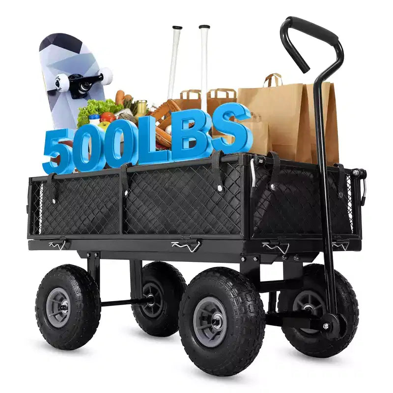 Carro de jardín de acero resistente, 226 kg, carro utilitario plegable con laterales de malla y revestimiento extraíbles, neumáticos de 10 pulgadas, asa de arrastre