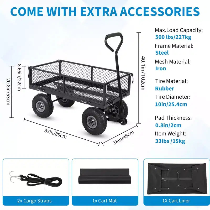 Carro de jardín de acero resistente, 226 kg, carro utilitario plegable con laterales de malla y revestimiento extraíbles, neumáticos de 10 pulgadas, asa de arrastre