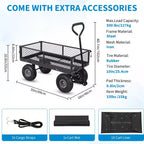 Carro de jardín de acero resistente, 226 kg, carro utilitario plegable con laterales de malla y revestimiento extraíbles, neumáticos de 10 pulgadas, asa de arrastre