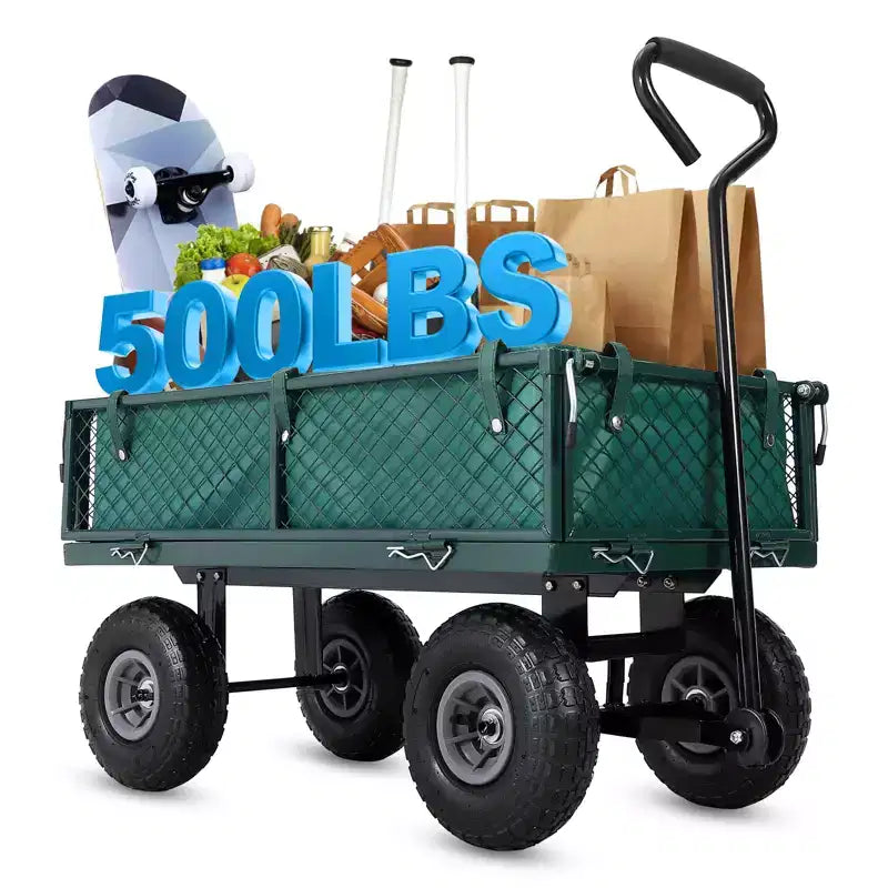 Carro de jardín de acero resistente, 226 kg, carro utilitario plegable con laterales de malla y revestimiento extraíbles, neumáticos de 10 pulgadas, asa de arrastre