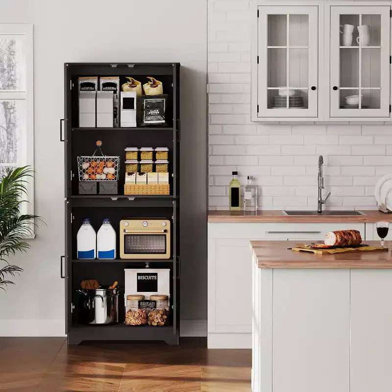 Alacena de Cocina Rústica, Armario de Almacenamiento Alto de Madera de 71" con 4 Puertas y Estantes Ajustables, Aparador para Comedor o Sala de Estar