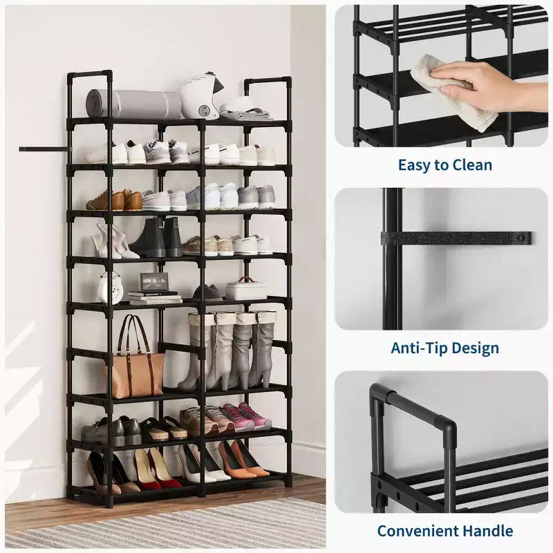 Zapatero vertical de metal de 8 niveles con estantes ajustables, organizador alto de clóset que ahorra espacio, negro