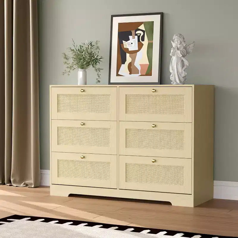Cómoda de Ratán con 6 Cajones, Cómoda Moderna de Madera estilo Boho para Dormitorio, Cajonera de Mimbre con Asas Metálicas y Patas de Madera