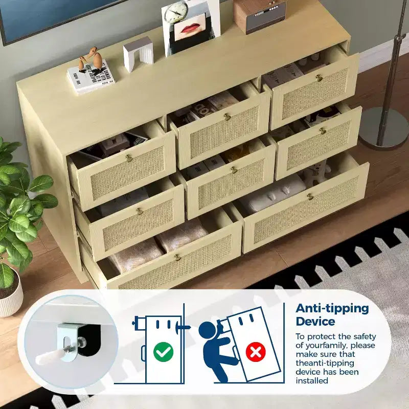 Cómoda de Ratán con 6 Cajones, Cómoda Moderna de Madera estilo Boho para Dormitorio, Cajonera de Mimbre con Asas Metálicas y Patas de Madera