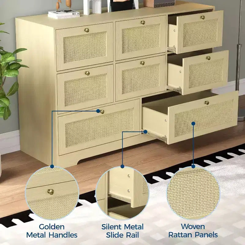 Cómoda de Ratán con 6 Cajones, Cómoda Moderna de Madera estilo Boho para Dormitorio, Cajonera de Mimbre con Asas Metálicas y Patas de Madera