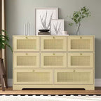 Cómoda de Ratán con 6 Cajones, Cómoda Moderna de Madera estilo Boho para Dormitorio, Cajonera de Mimbre con Asas Metálicas y Patas de Madera