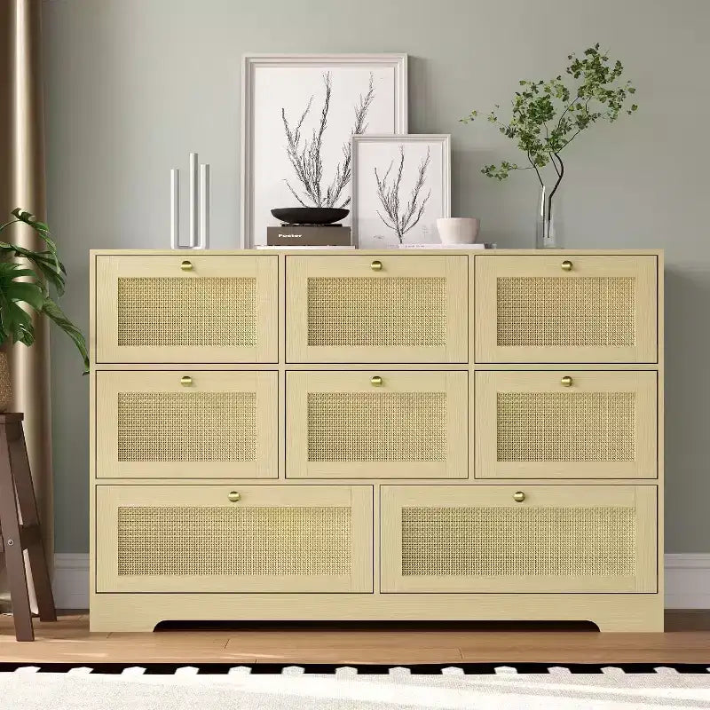 Cómoda de Ratán con 6 Cajones, Cómoda Moderna de Madera estilo Boho para Dormitorio, Cajonera de Mimbre con Asas Metálicas y Patas de Madera