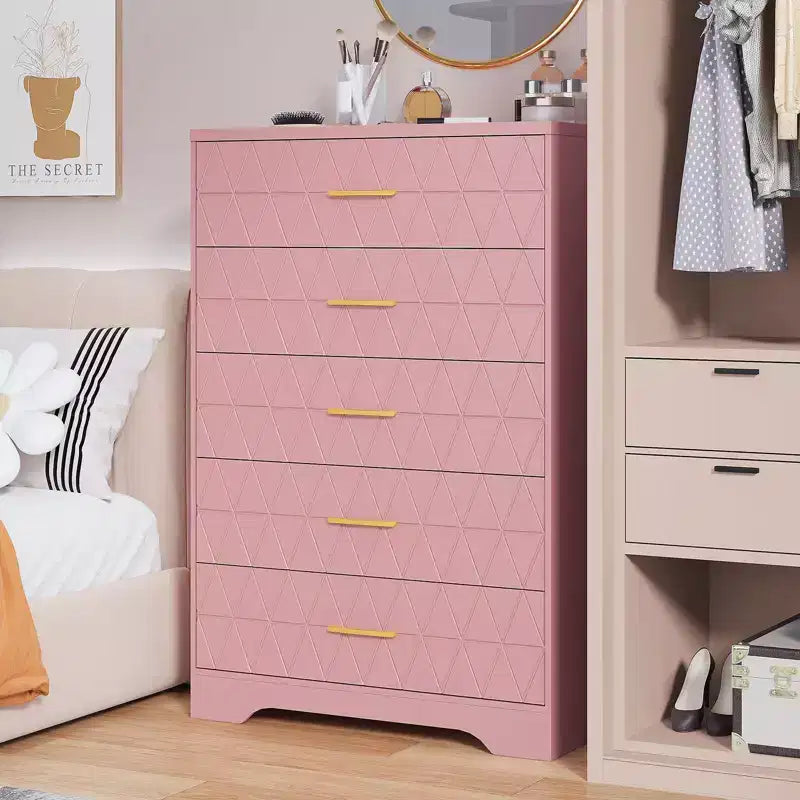 Cómodas de madera de 5 cajones para dormitorio, cómoda de madera con tiradores dorados para armario, mesita de noche moderna para el costado de la cama, gabinete organizador de almacenamiento