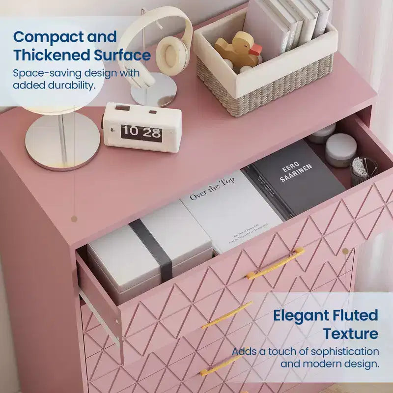 Cómodas de madera de 5 cajones para dormitorio, cómoda de madera con tiradores dorados para armario, mesita de noche moderna para el costado de la cama, gabinete organizador de almacenamiento