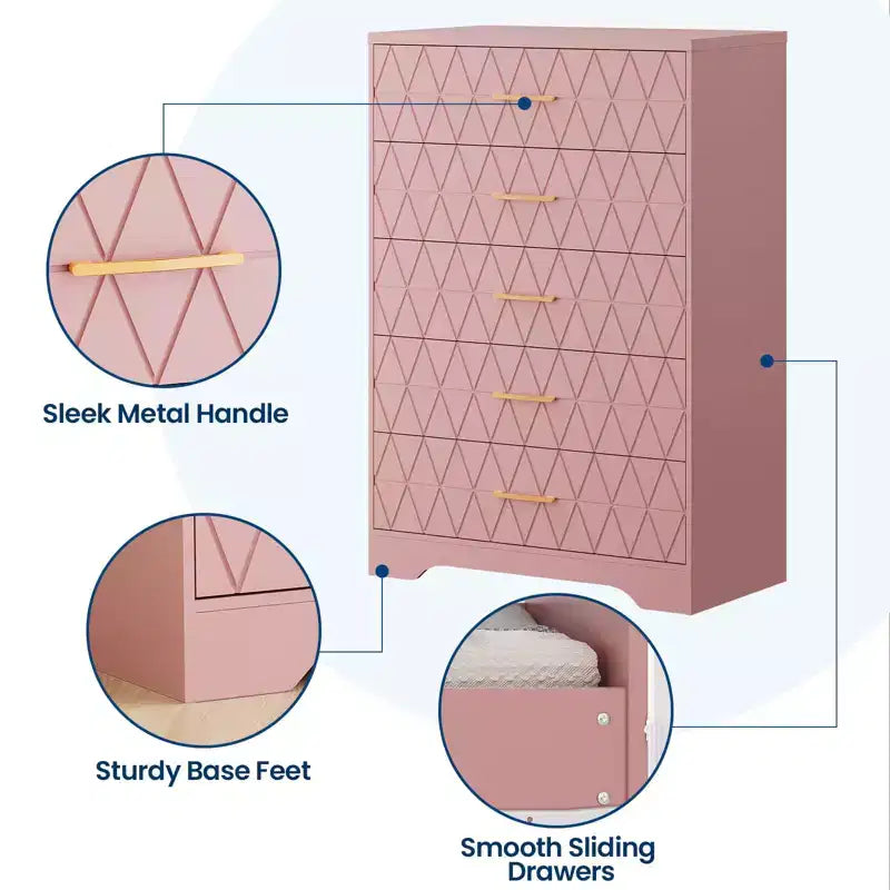 Cómodas de madera de 5 cajones para dormitorio, cómoda de madera con tiradores dorados para armario, mesita de noche moderna para el costado de la cama, gabinete organizador de almacenamiento
