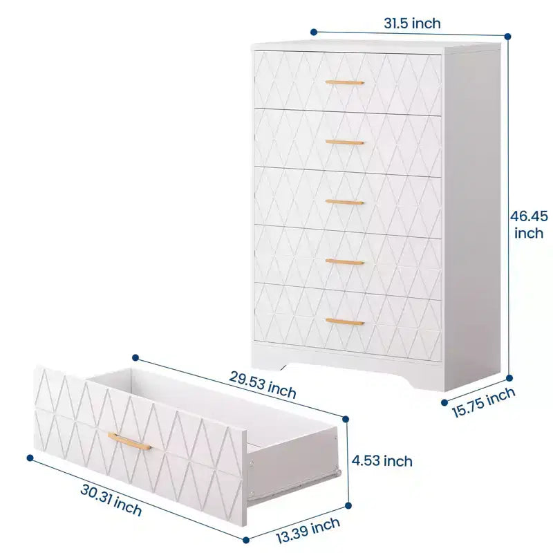Cómodas de madera de 5 cajones para dormitorio, cómoda de madera con tiradores dorados para armario, mesita de noche moderna para el costado de la cama, gabinete organizador de almacenamiento