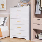 Cómodas de madera de 5 cajones para dormitorio, cómoda de madera con tiradores dorados para armario, mesita de noche moderna para el costado de la cama, gabinete organizador de almacenamiento