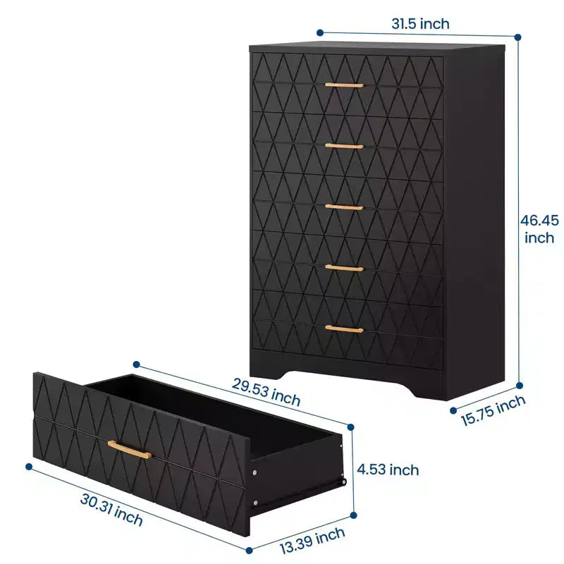 Cómodas de madera de 5 cajones para dormitorio, cómoda de madera con tiradores dorados para armario, mesita de noche moderna para el costado de la cama, gabinete organizador de almacenamiento