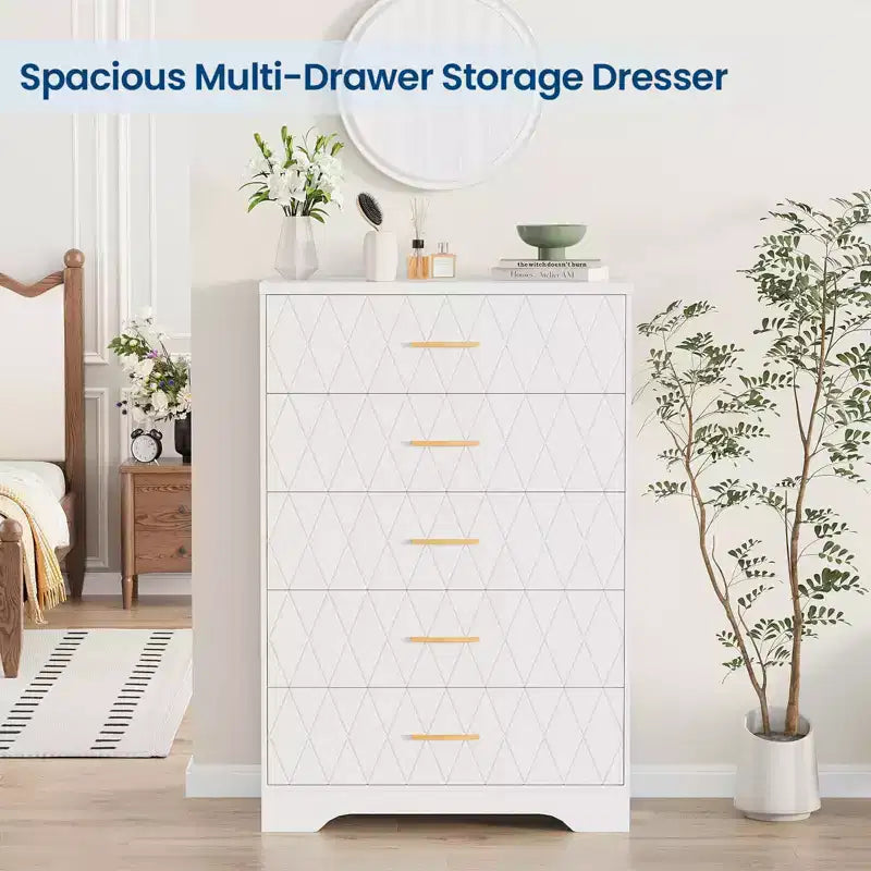 Cómodas de madera de 5 cajones para dormitorio, cómoda de madera con tiradores dorados para armario, mesita de noche moderna para el costado de la cama, gabinete organizador de almacenamiento