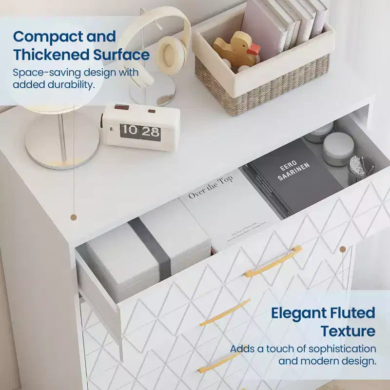 Cómodas de madera de 5 cajones para dormitorio, cómoda de madera con tiradores dorados para armario, mesita de noche moderna para el costado de la cama, gabinete organizador de almacenamiento