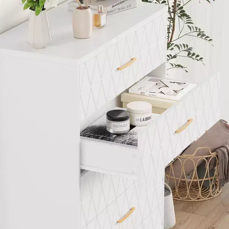 Cómodas de madera de 5 cajones para dormitorio, cómoda de madera con tiradores dorados para armario, mesita de noche moderna para el costado de la cama, gabinete organizador de almacenamiento