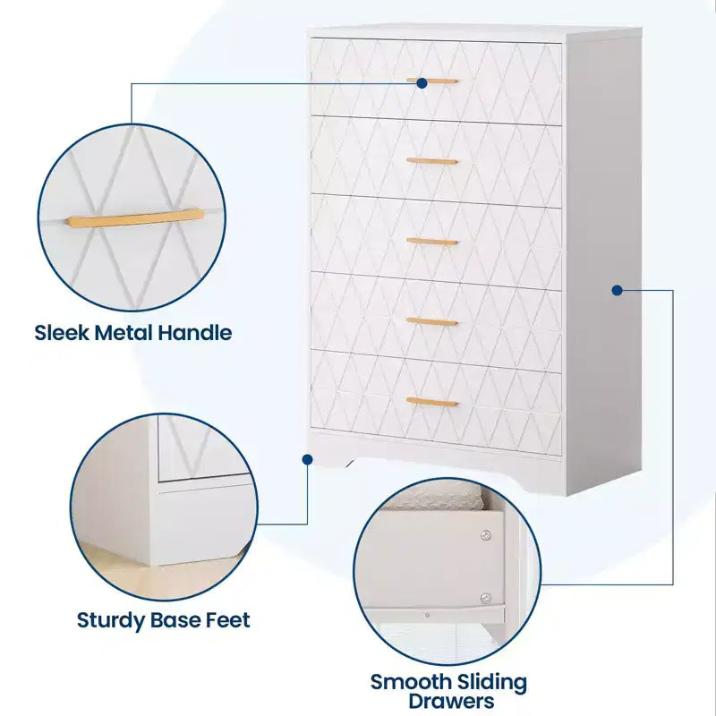 Cómodas de madera de 5 cajones para dormitorio, cómoda de madera con tiradores dorados para armario, mesita de noche moderna para el costado de la cama, gabinete organizador de almacenamiento