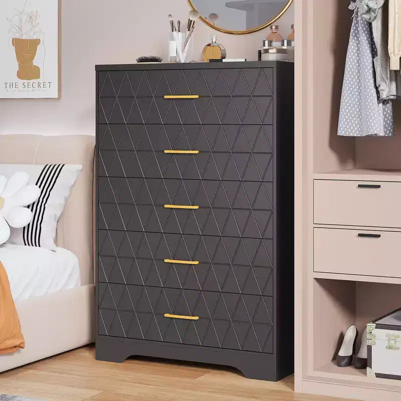 Cómodas de madera de 5 cajones para dormitorio, cómoda de madera con tiradores dorados para armario, mesita de noche moderna para el costado de la cama, gabinete organizador de almacenamiento