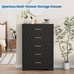 Cómodas de madera de 5 cajones para dormitorio, cómoda de madera con tiradores dorados para armario, mesita de noche moderna para el costado de la cama, gabinete organizador de almacenamiento
