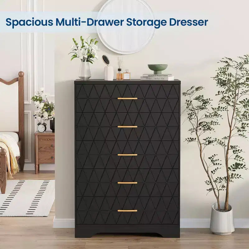 Cómodas de madera de 5 cajones para dormitorio, cómoda de madera con tiradores dorados para armario, mesita de noche moderna para el costado de la cama, gabinete organizador de almacenamiento