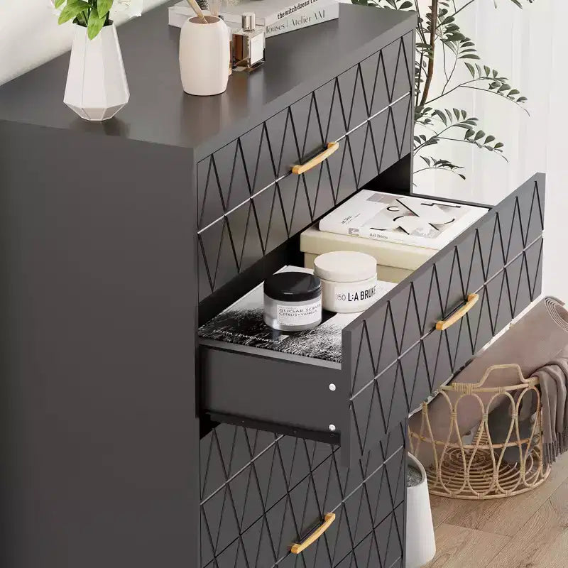 Cómodas de madera de 5 cajones para dormitorio, cómoda de madera con tiradores dorados para armario, mesita de noche moderna para el costado de la cama, gabinete organizador de almacenamiento