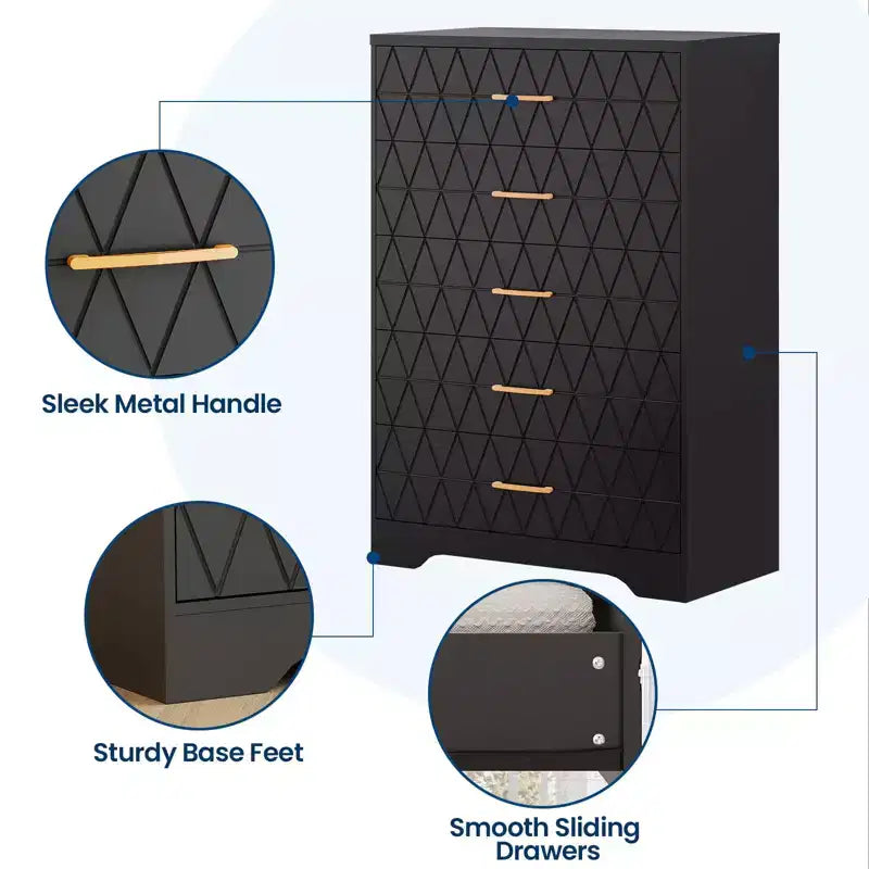 Cómodas de madera de 5 cajones para dormitorio, cómoda de madera con tiradores dorados para armario, mesita de noche moderna para el costado de la cama, gabinete organizador de almacenamiento