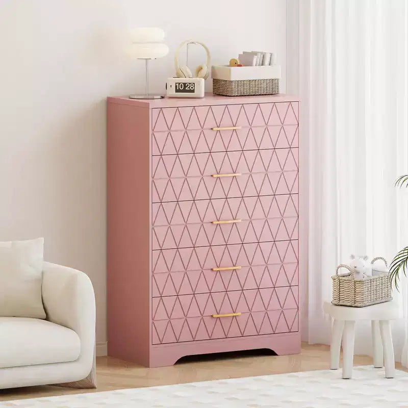 Cómodas de madera de 5 cajones para dormitorio, cómoda de madera con tiradores dorados para armario, mesita de noche moderna para el costado de la cama, gabinete organizador de almacenamiento