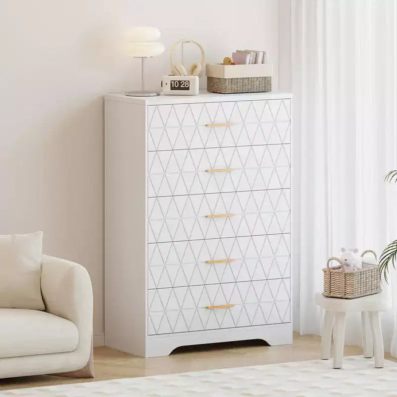 Cómodas de madera de 5 cajones para dormitorio, cómoda de madera con tiradores dorados para armario, mesita de noche moderna para el costado de la cama, gabinete organizador de almacenamiento