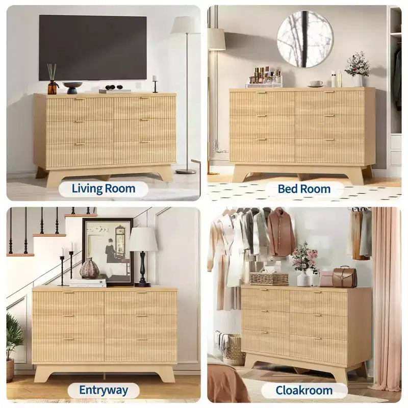 Cómoda de 6 Cajones de Alto Brillo con Asas de Metal, Gabinete de Almacenamiento con Espejo, Blanco