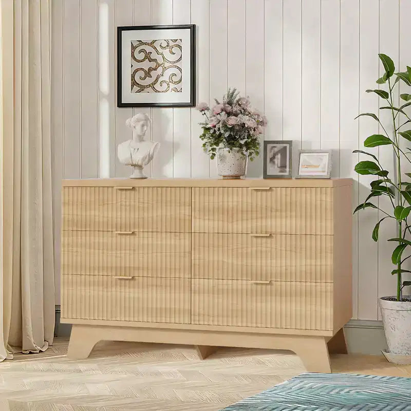 Cómoda de 6 Cajones de Alto Brillo con Asas de Metal, Gabinete de Almacenamiento con Espejo, Blanco