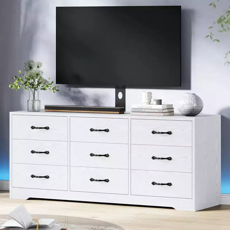 Cómoda moderna de 9 cajones para TV - Centro de entretenimiento de madera negra con soporte ajustable, cómoda de almacenamiento espacioso para televisores de 32 a 85 pulgadas