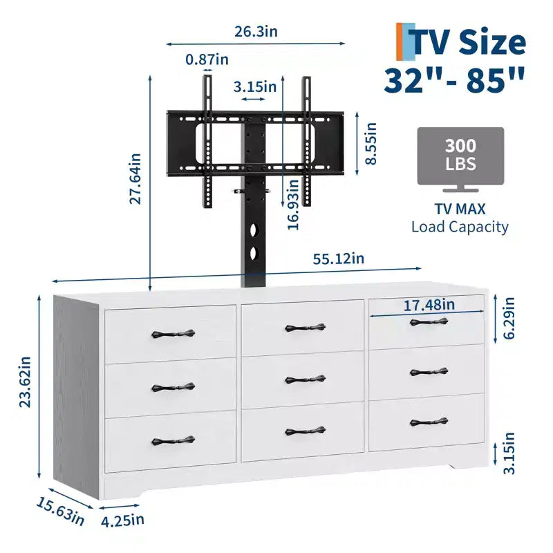 Cómoda moderna de 9 cajones para TV - Centro de entretenimiento de madera negra con soporte ajustable, cómoda de almacenamiento espacioso para televisores de 32 a 85 pulgadas