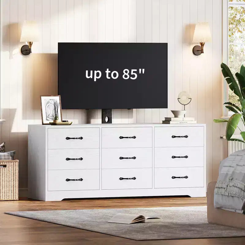 Cómoda moderna de 9 cajones para TV - Centro de entretenimiento de madera negra con soporte ajustable, cómoda de almacenamiento espacioso para televisores de 32 a 85 pulgadas
