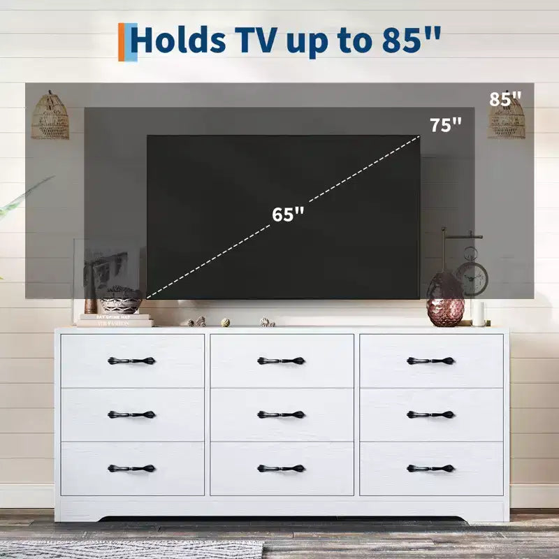 Cómoda moderna de 9 cajones para TV - Centro de entretenimiento de madera negra con soporte ajustable, cómoda de almacenamiento espacioso para televisores de 32 a 85 pulgadas