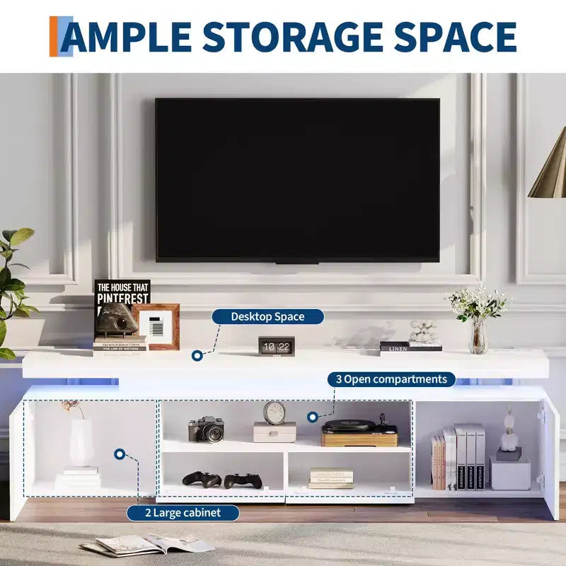 Mueble de TV de alto brillo para televisores de 75/80/85 pulgadas, centro de entretenimiento moderno con luces y estantes de cristal, consola multimedia para sala de estar y dormitorio