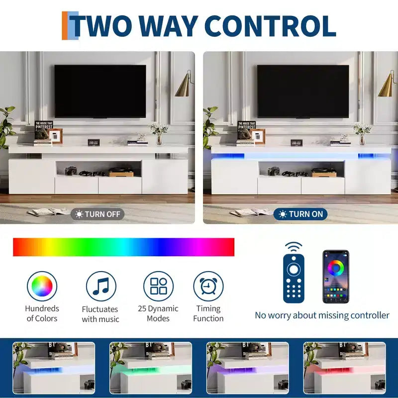 Mueble de TV de alto brillo para televisores de 75/80/85 pulgadas, centro de entretenimiento moderno con luces y estantes de cristal, consola multimedia para sala de estar y dormitorio