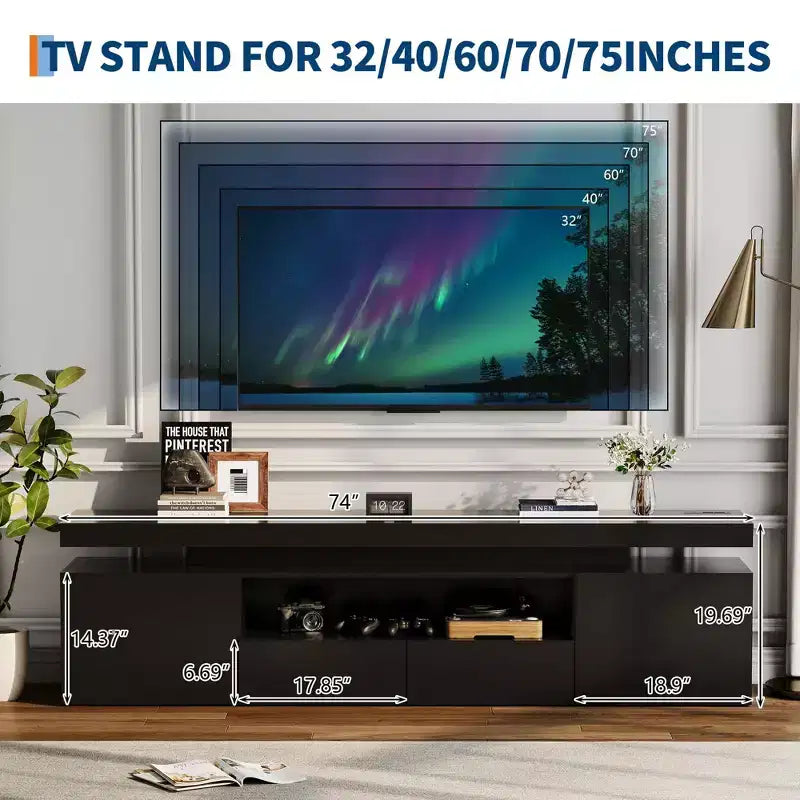 Mueble de TV de alto brillo para televisores de 75/80/85 pulgadas, centro de entretenimiento moderno con luces y estantes de cristal, consola multimedia para sala de estar y dormitorio