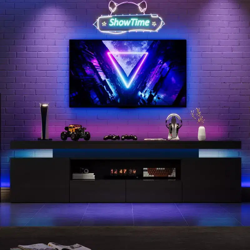 Mueble de TV de alto brillo para televisores de 75/80/85 pulgadas, centro de entretenimiento moderno con luces y estantes de cristal, consola multimedia para sala de estar y dormitorio