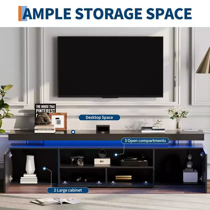 Mueble de TV de alto brillo para televisores de 75/80/85 pulgadas, centro de entretenimiento moderno con luces y estantes de cristal, consola multimedia para sala de estar y dormitorio