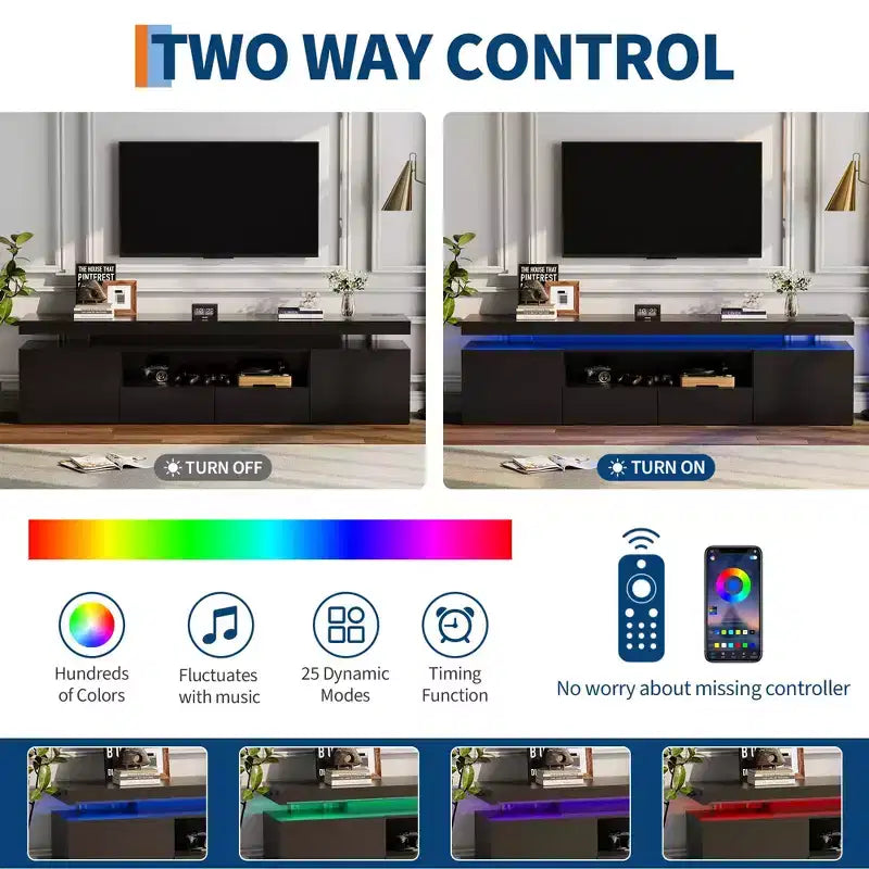 Mueble de TV de alto brillo para televisores de 75/80/85 pulgadas, centro de entretenimiento moderno con luces y estantes de cristal, consola multimedia para sala de estar y dormitorio