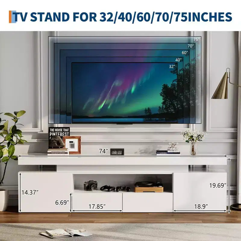 Mueble de TV de alto brillo para televisores de 75/80/85 pulgadas, centro de entretenimiento moderno con luces y estantes de cristal, consola multimedia para sala de estar y dormitorio