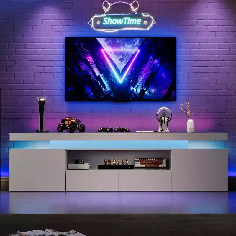 Mueble de TV de alto brillo para televisores de 75/80/85 pulgadas, centro de entretenimiento moderno con luces y estantes de cristal, consola multimedia para sala de estar y dormitorio
