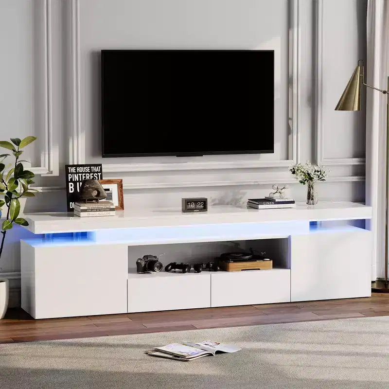 Mueble de TV de alto brillo para televisores de 75/80/85 pulgadas, centro de entretenimiento moderno con luces y estantes de cristal, consola multimedia para sala de estar y dormitorio