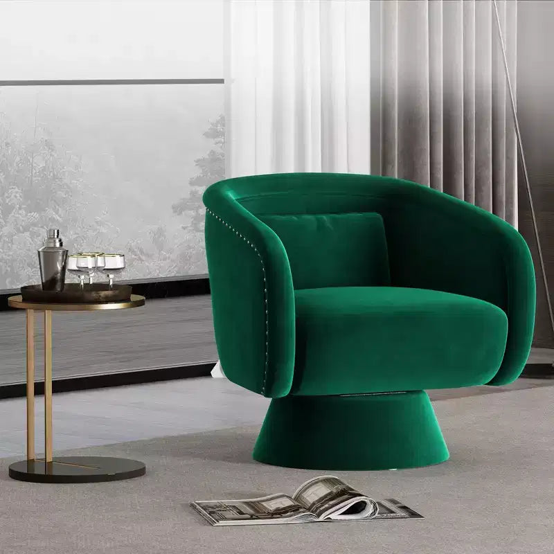 Sillón giratorio de acento de mediados de siglo, tapizado en verde, 360, con forma de barril y almohada lumbar